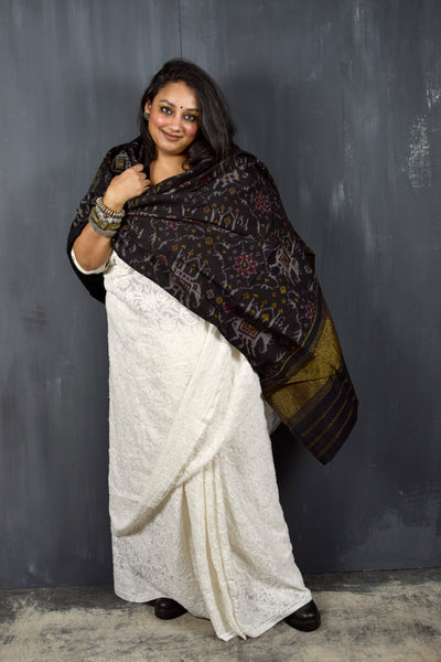 PURE WOOL SINGLE IKAT BLACK PATOLA SHAWL WITH ZARI BORDERS