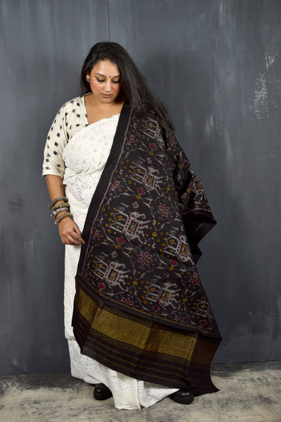 PURE WOOL SINGLE IKAT BLACK PATOLA SHAWL WITH ZARI BORDERS