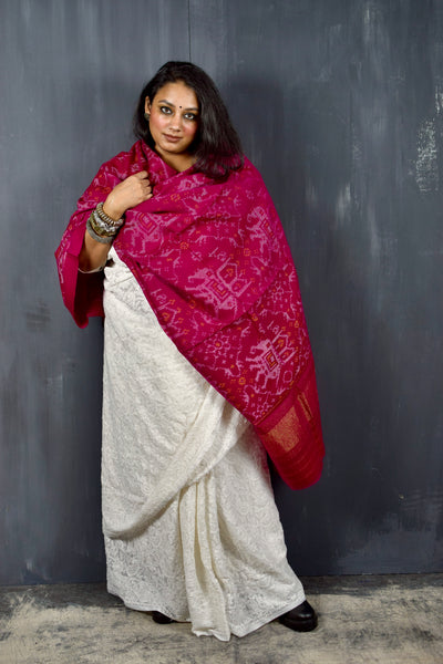 PURE WOOL SINGLE IKAT MAGENTA PATOLA SHAWL WITH ZARI BORDERS