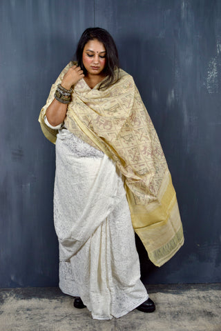 PURE WOOL SINGLE IKAT BISQUE CREAM PATOLA SHAWL WITH ZARI BORDERS