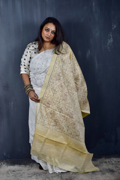 PURE WOOL SINGLE IKAT BISQUE CREAM PATOLA SHAWL WITH ZARI BORDERS