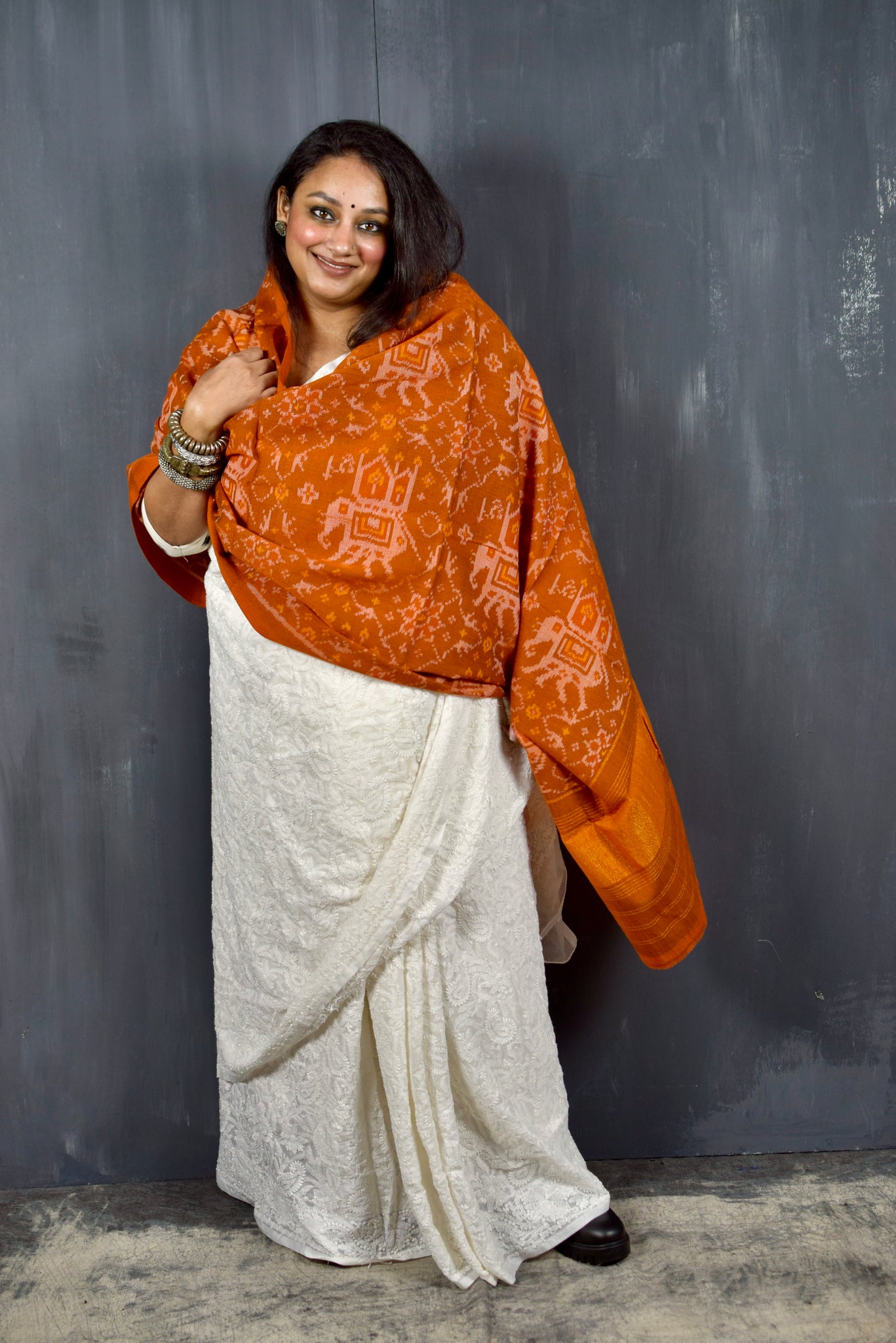 PURE WOOL SINGLE IKAT BURNT ORANGE PATOLA SHAWL WITH ZARI BORDERS