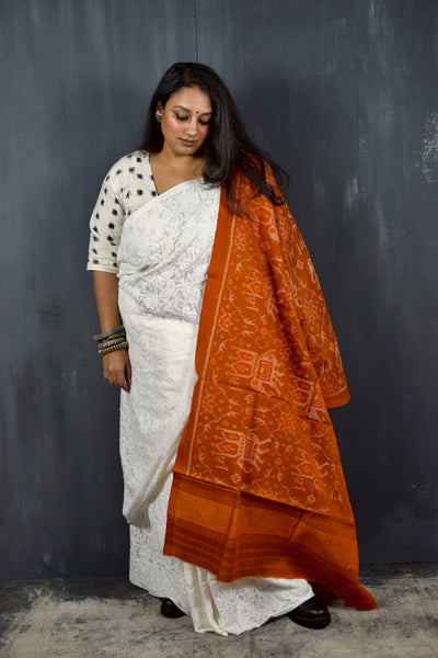 PURE WOOL SINGLE IKAT BURNT ORANGE PATOLA SHAWL WITH ZARI BORDERS