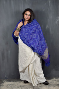 PURE WOOL SINGLE IKAT INDIGO PATOLA SHAWL WITH ZARI BORDERS