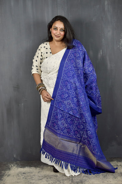 PURE WOOL SINGLE IKAT INDIGO PATOLA SHAWL WITH ZARI BORDERS