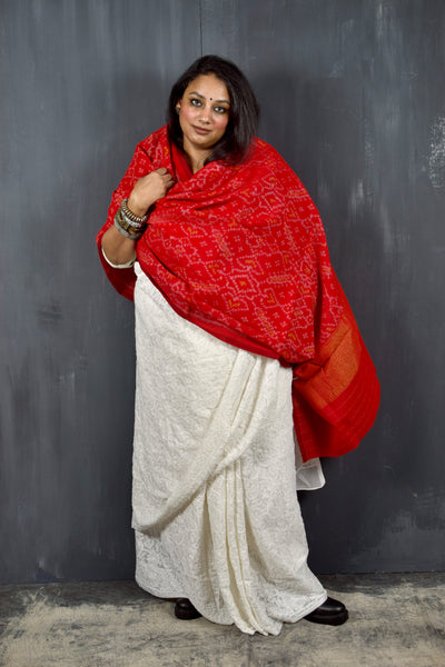 PURE WOOL SINGLE IKAT SCARLET RED PATOLA SHAWL WITH ZARI BORDERS