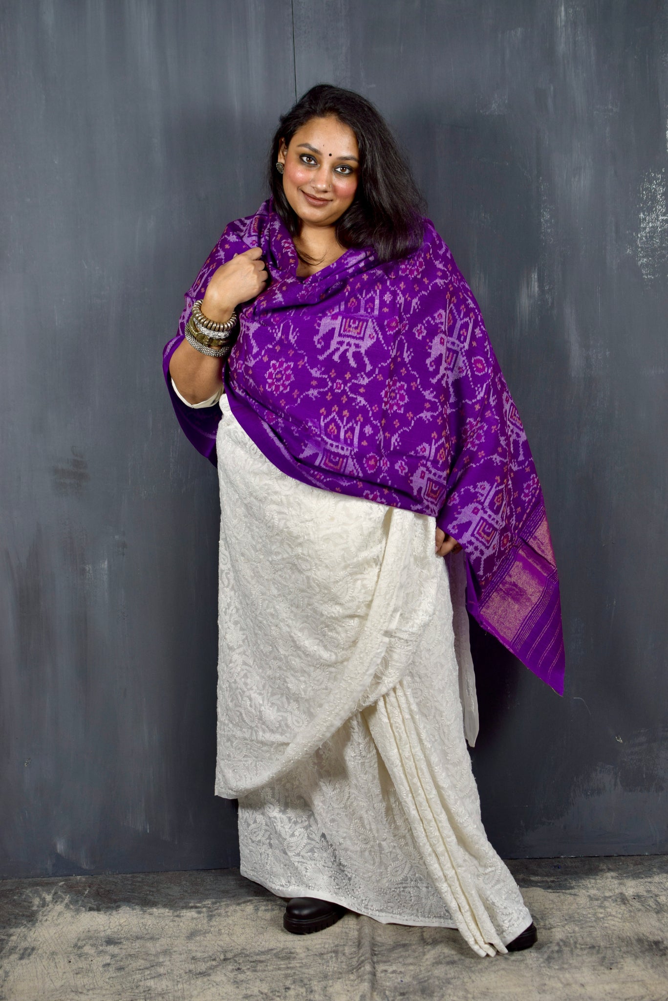 PURE WOOL SINGLE IKAT VIOLET PURPLE PATOLA SHAWL WITH ZARI BORDERS