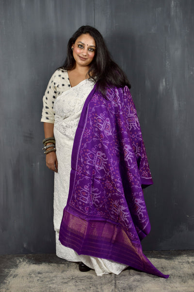 PURE WOOL SINGLE IKAT VIOLET PURPLE PATOLA SHAWL WITH ZARI BORDERS