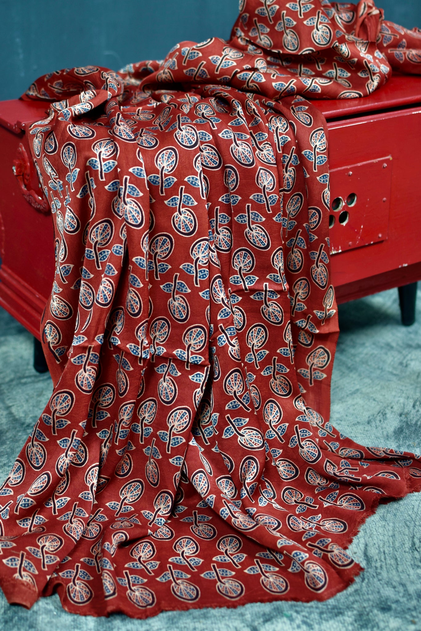 RED HANDBLOCK AJRAKH MODAL SILK FABRIC