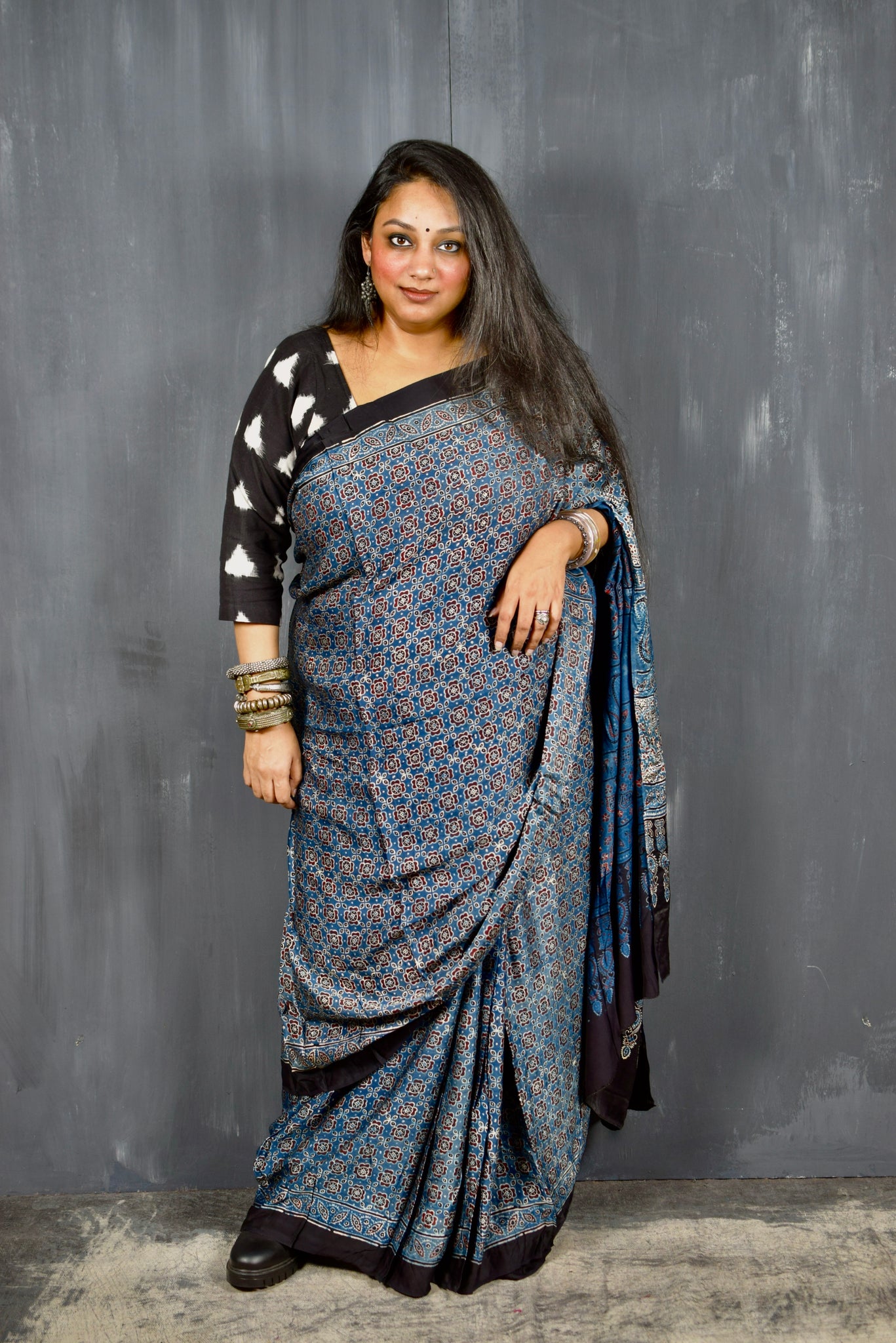 AJRAKH HANDBLOCK INDIGO MODAL SILK SAREE