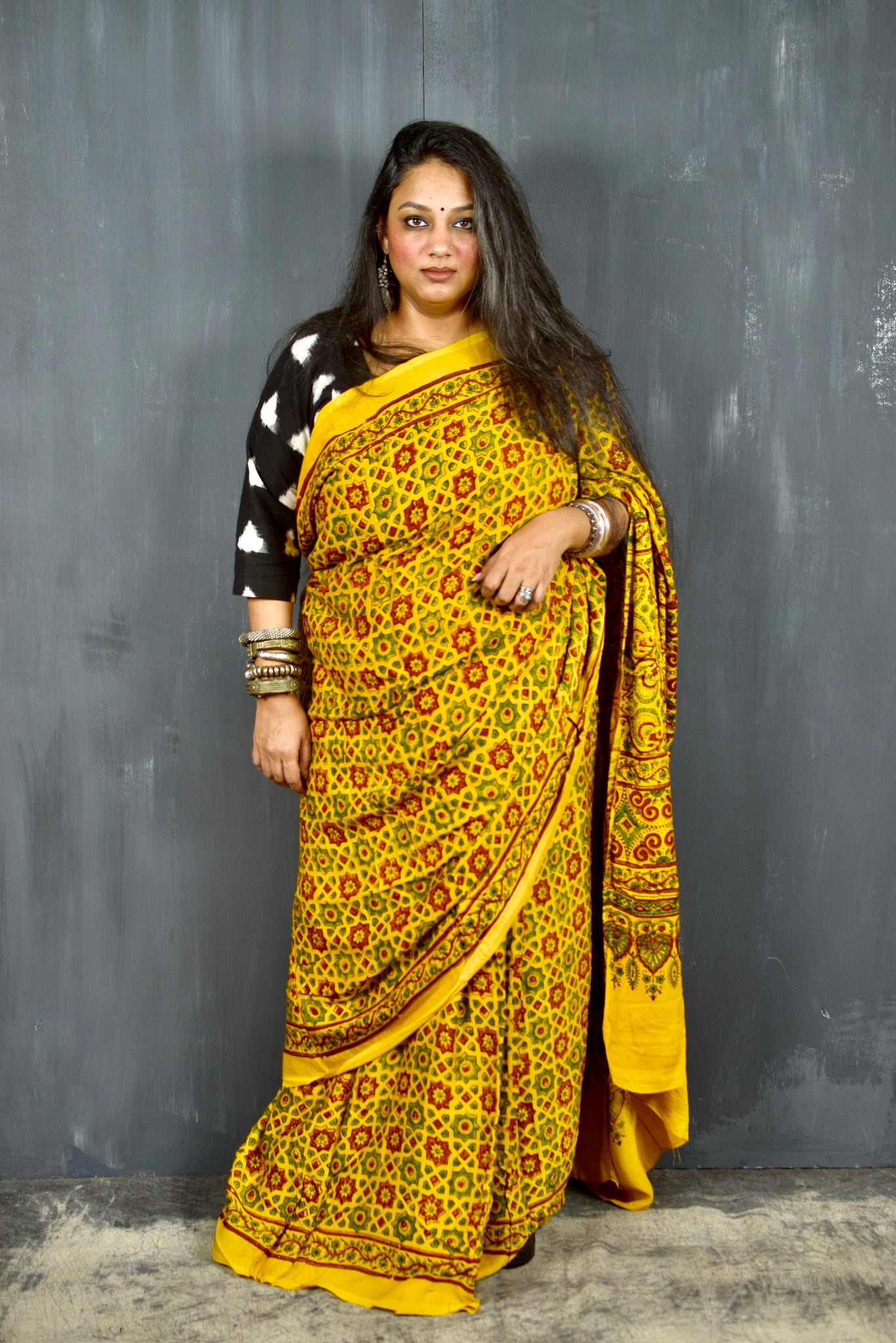 AJRAKH HANDBLOCK YELLOW MODAL SILK SAREE