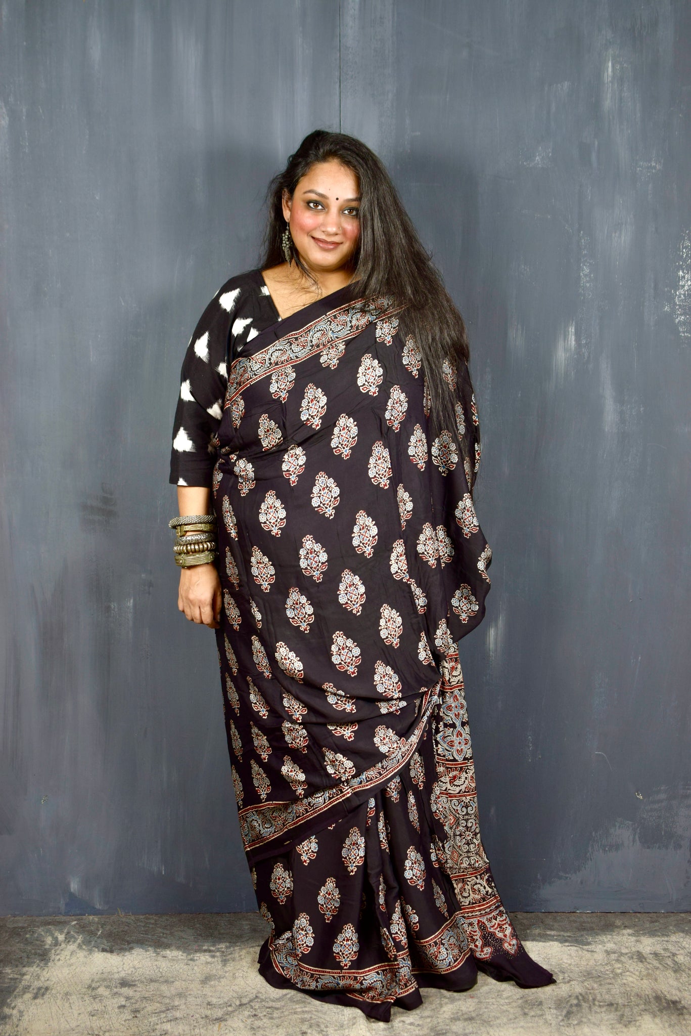 AJRAKH HANDBLOCK BLACK MODAL SILK SAREE