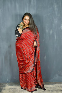 AJRAKH HANDBLOCK RED MODAL SILK SAREE