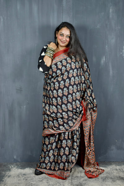 AJRAKH HANDBLOCK BLACK - RED MODAL SILK SAREE