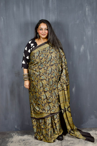 AJRAKH HANDBLOCK BLACK - YELLOW MODAL SILK SAREE