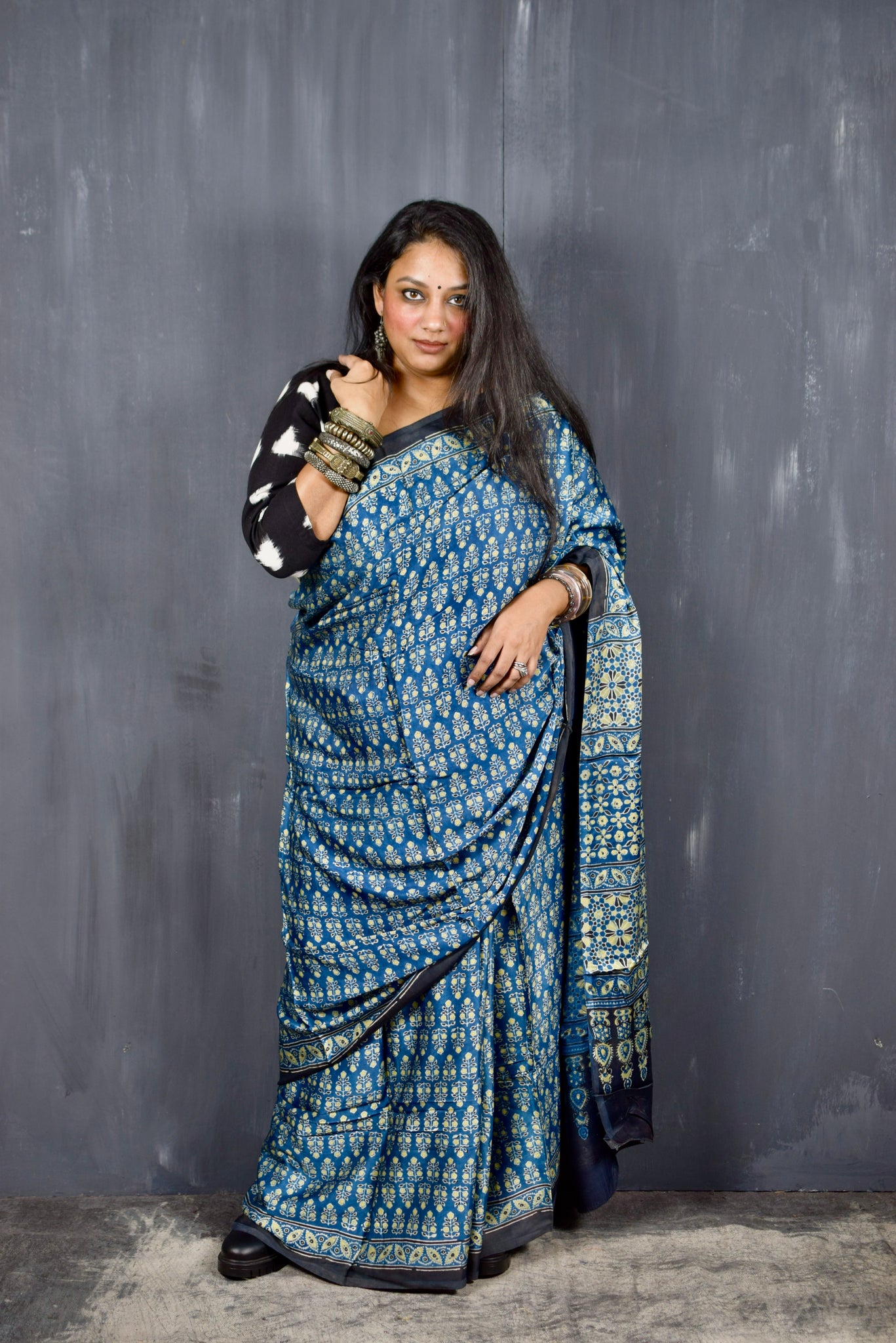 AJRAKH HANDBLOCK INDIGO MODAL SILK SAREE