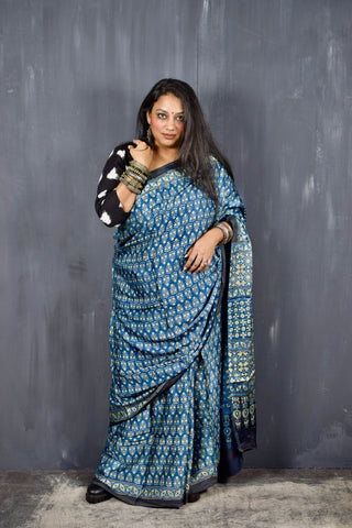 AJRAKH HANDBLOCK INDIGO MODAL SILK SAREE