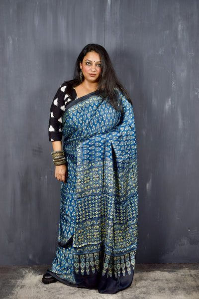 AJRAKH HANDBLOCK INDIGO MODAL SILK SAREE