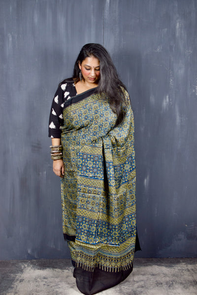 AJRAKH HANDBLOCK YELLOW-INDIGO MODAL SILK SAREE