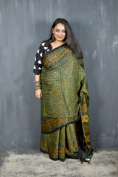 AJRAKH HANDBLOCK GREEN MODAL SILK SAREE