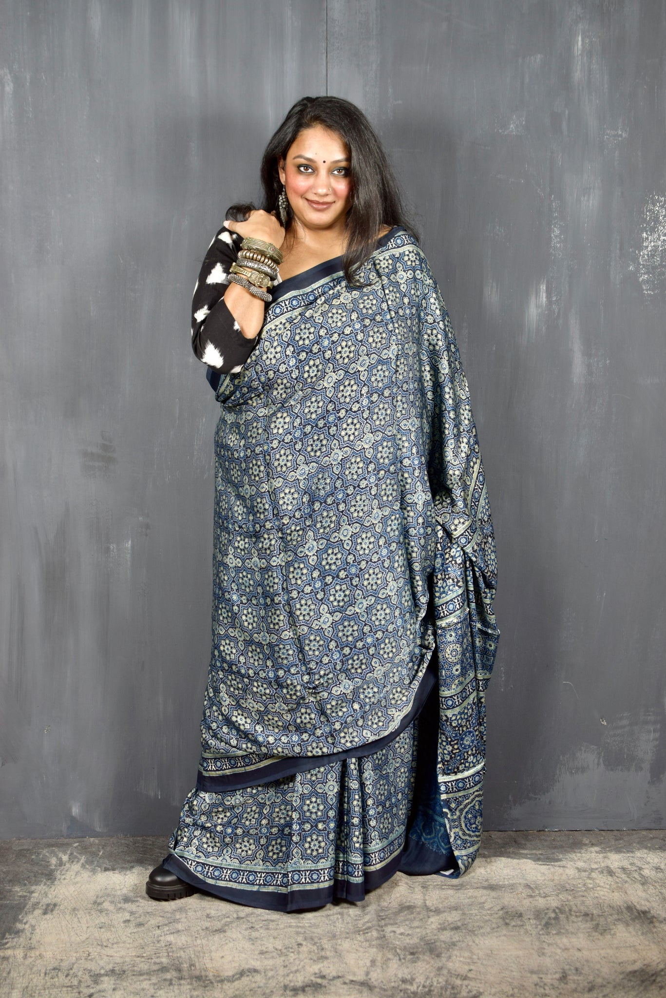 AJRAKH HANDBLOCK INDIGO MODAL SILK SAREE