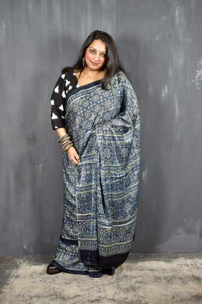 AJRAKH HANDBLOCK INDIGO MODAL SILK SAREE