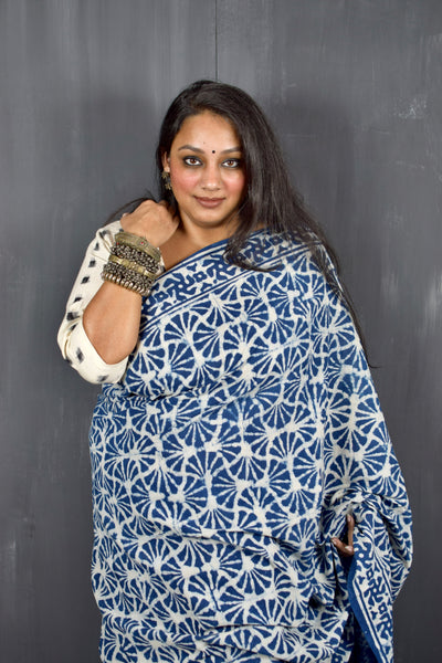 HANDBLOCK MUL COTTON INDIGO SAREE