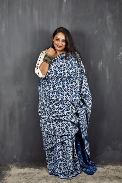 HANDBLOCK MUL COTTON INDIGO SAREE