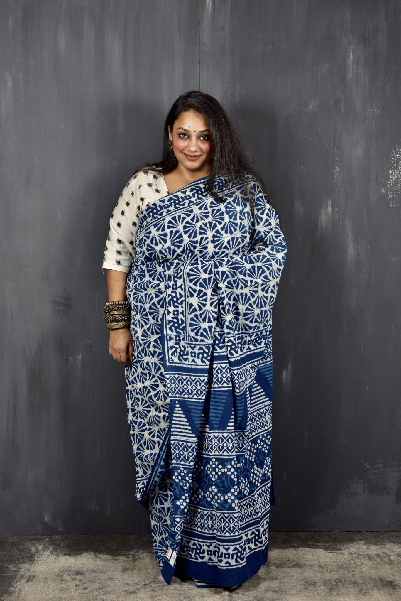 HANDBLOCK MUL COTTON INDIGO SAREE