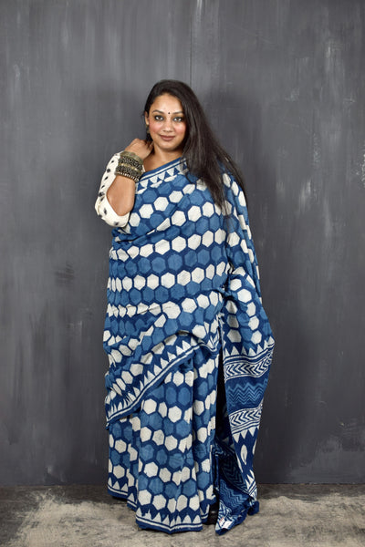 HANDBLOCK MUL COTTON INDIGO SAREE