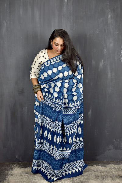 HANDBLOCK MUL COTTON INDIGO SAREE