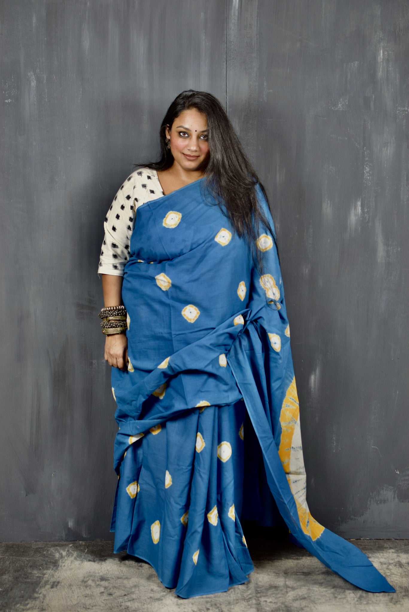 SHIBORI MUL COTTON TEAL - MUSTARD SAREE