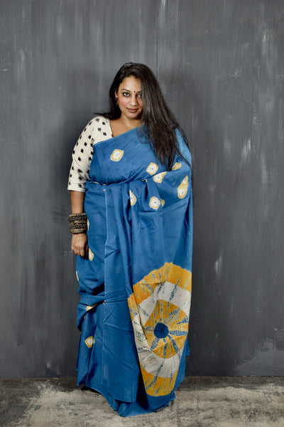 SHIBORI MUL COTTON TEAL - MUSTARD SAREE