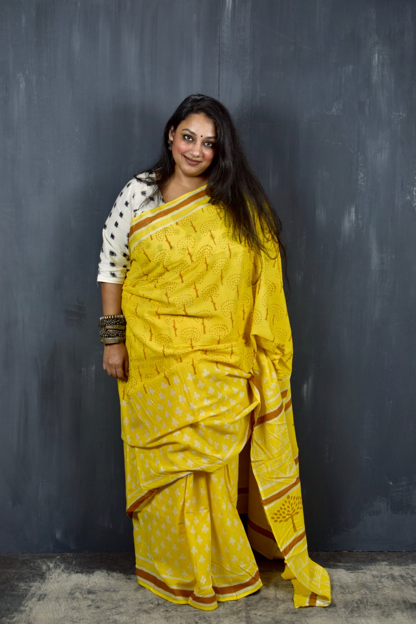 HANDBLOCK MUL COTTON YELLOW SAREE