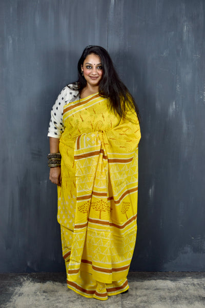 HANDBLOCK MUL COTTON YELLOW SAREE