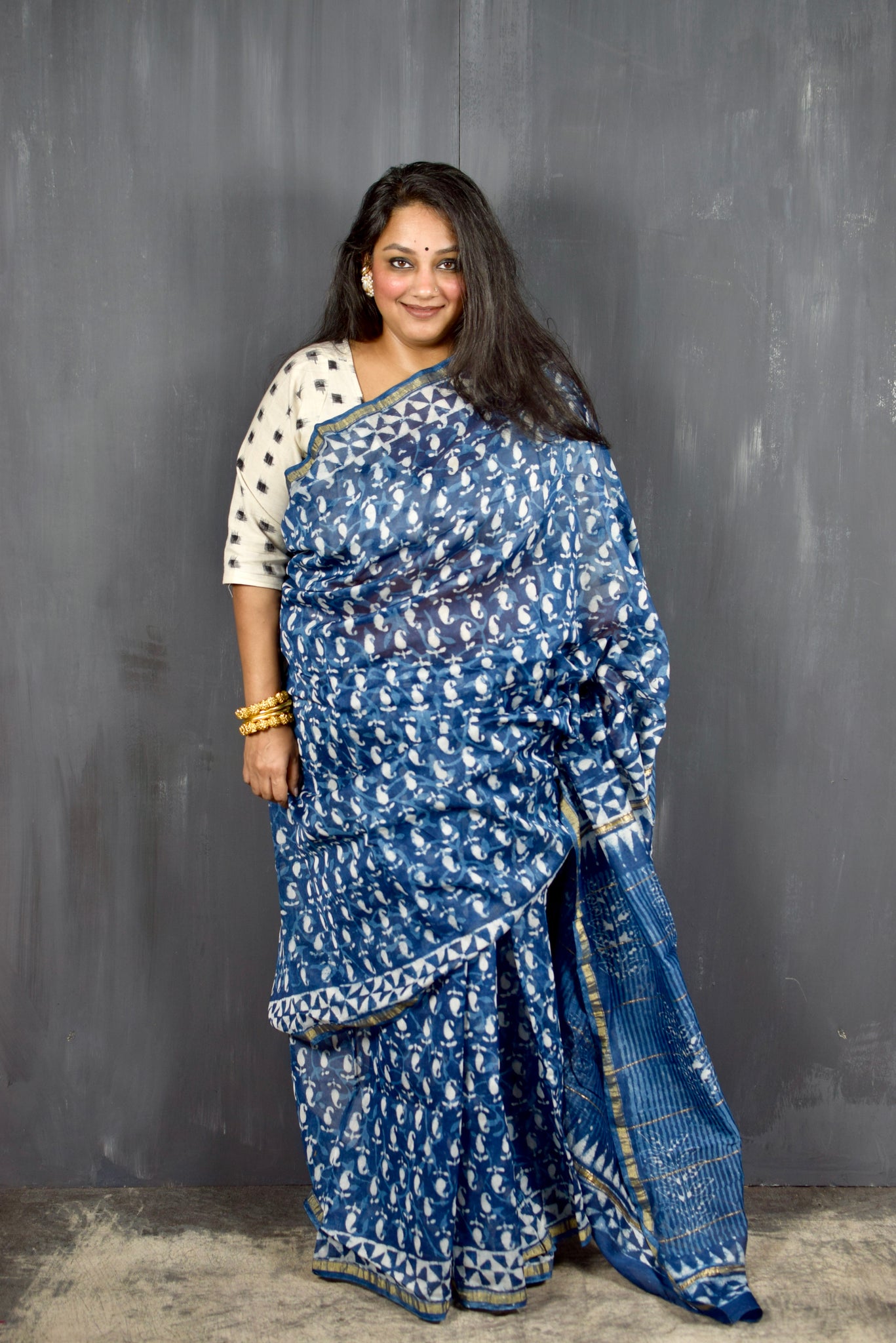 INDIGO HAND BLOCK PRINT CHANDERI COTTON SILK SAREE WITH ZARI BORDER