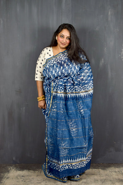 INDIGO HAND BLOCK PRINT CHANDERI COTTON SILK SAREE WITH ZARI BORDER