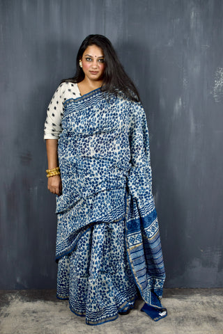 INDIGO HAND BLOCK PRINT CHANDERI COTTON SILK SAREE WITH ZARI BORDER