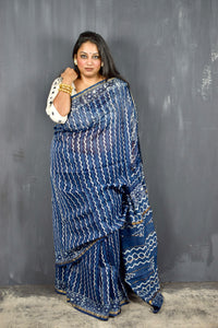 INDIGO HAND BLOCK PRINT CHANDERI COTTON SILK SAREE WITH ZARI BORDER