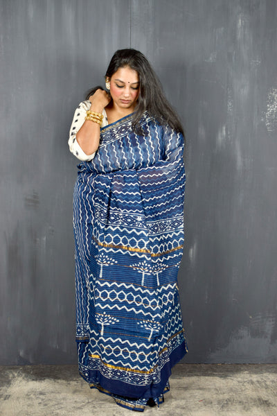 INDIGO HAND BLOCK PRINT CHANDERI COTTON SILK SAREE WITH ZARI BORDER