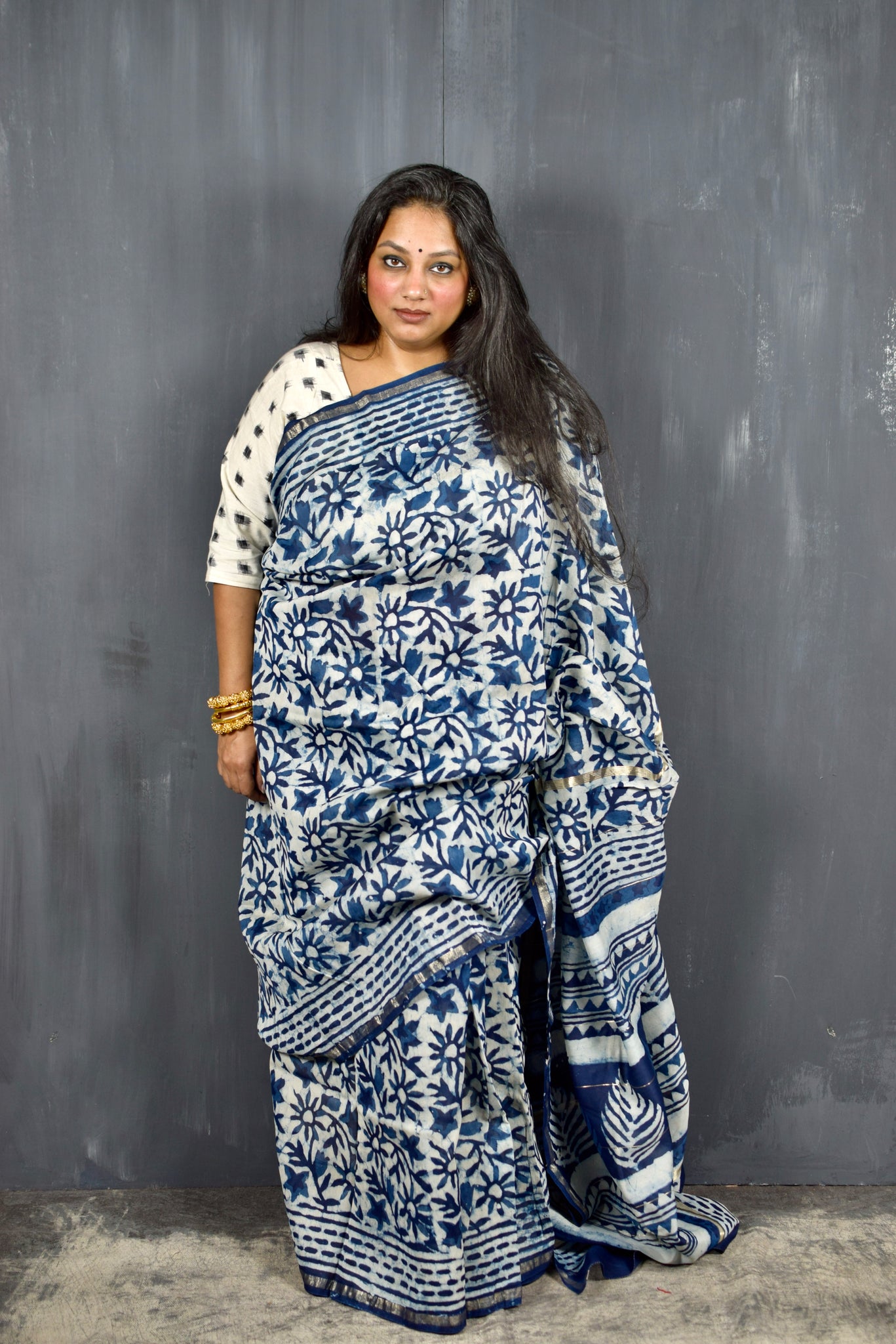 INDIGO HAND BLOCK PRINT CHANDERI COTTON SILK SAREE WITH ZARI BORDER