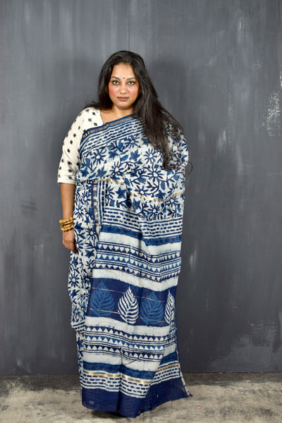 INDIGO HAND BLOCK PRINT CHANDERI COTTON SILK SAREE WITH ZARI BORDER