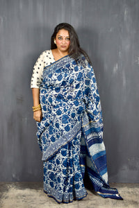 INDIGO HAND BLOCK PRINT CHANDERI COTTON SILK SAREE WITH ZARI BORDER