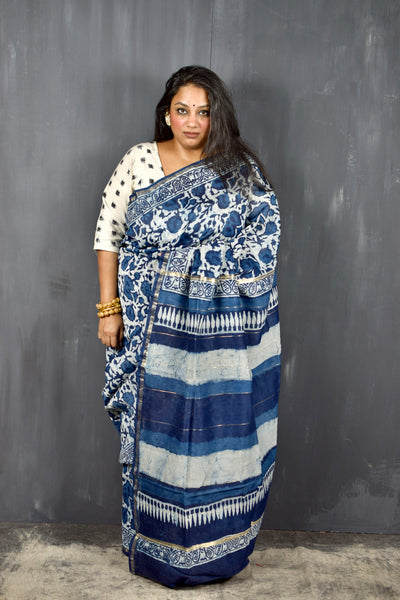 INDIGO HAND BLOCK PRINT CHANDERI COTTON SILK SAREE WITH ZARI BORDER