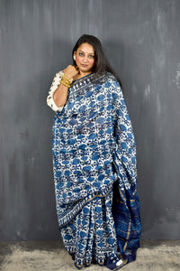 INDIGO HAND BLOCK PRINT CHANDERI COTTON SILK SAREE WITH ZARI BORDER