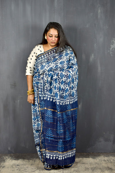 INDIGO HAND BLOCK PRINT CHANDERI COTTON SILK SAREE WITH ZARI BORDER