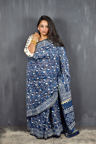 INDIGO HAND BLOCK PRINT CHANDERI COTTON SILK SAREE WITH ZARI BORDER