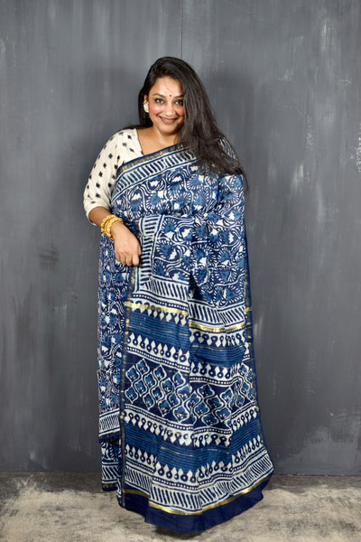 INDIGO HAND BLOCK PRINT CHANDERI COTTON SILK SAREE WITH ZARI BORDER