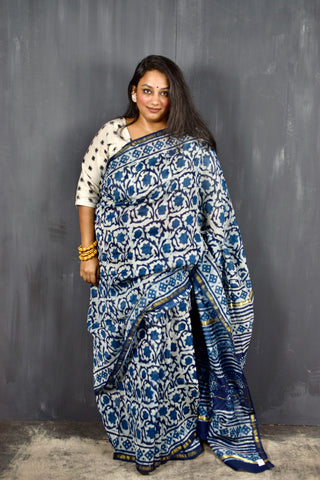 INDIGO HAND BLOCK PRINT CHANDERI COTTON SILK SAREE WITH ZARI BORDER