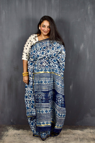 INDIGO HAND BLOCK PRINT CHANDERI COTTON SILK SAREE WITH ZARI BORDER